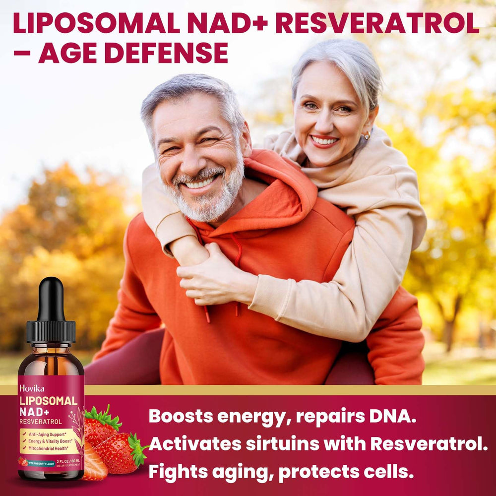 Hovika NAD drops with water cup suggests convenient mixing for focus.
