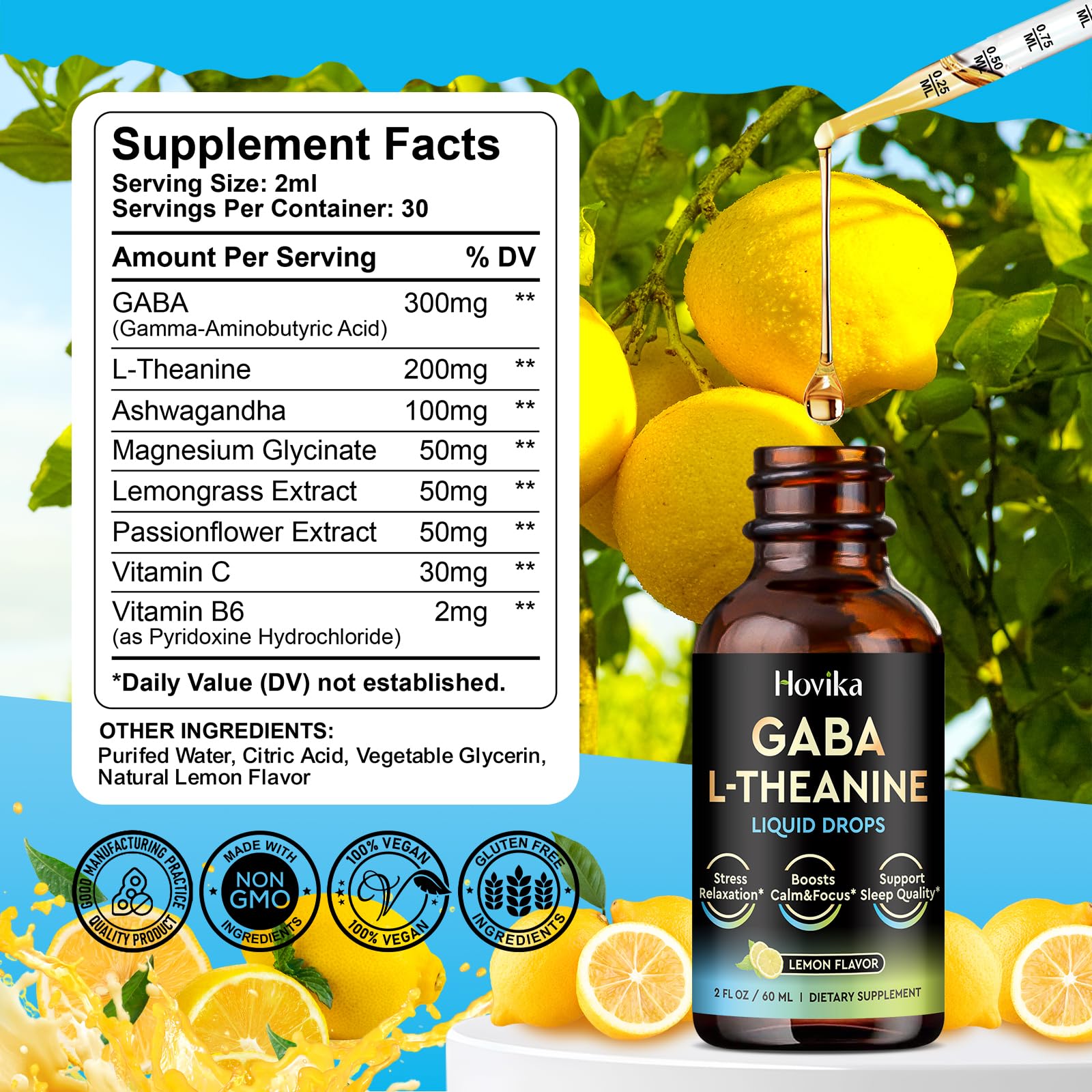 Hovika GABA L-Theanine Drops in use, 2 ml serving