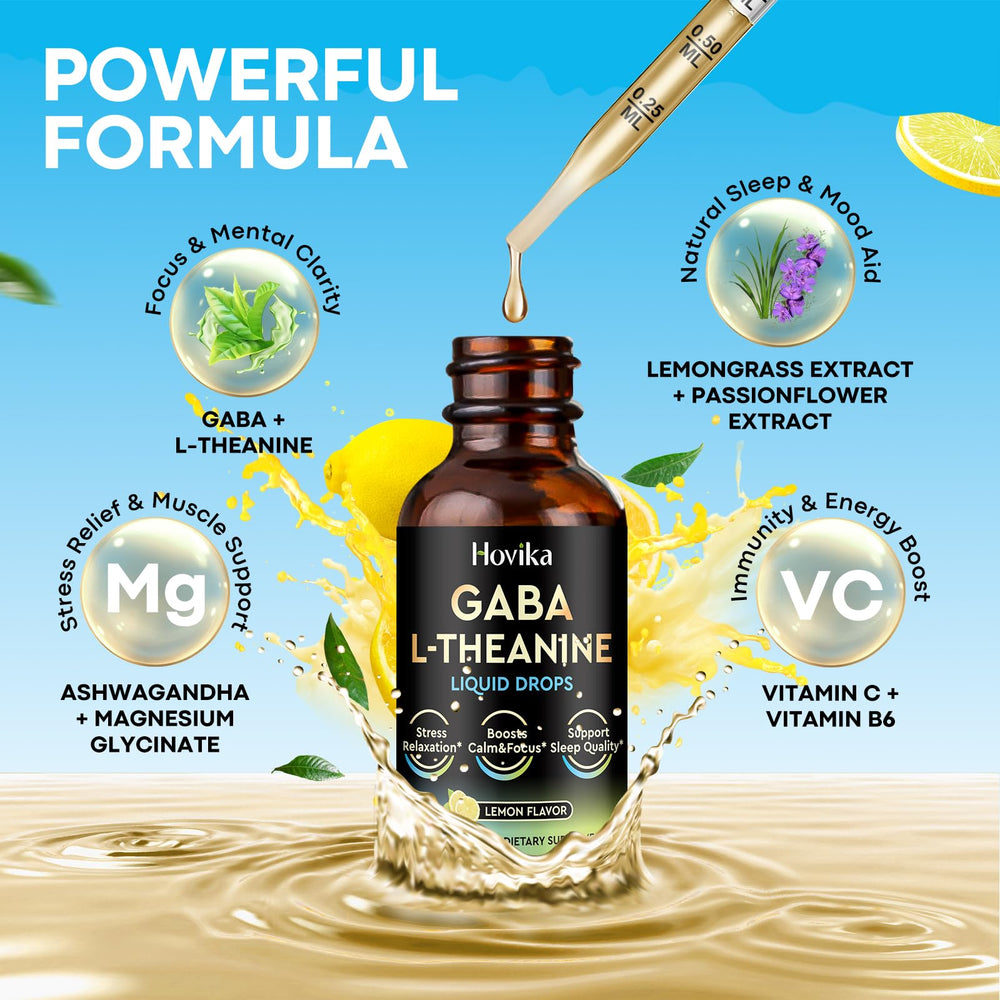 Hovika GABA L-Theanine Drops label close-up highlighting ingredients