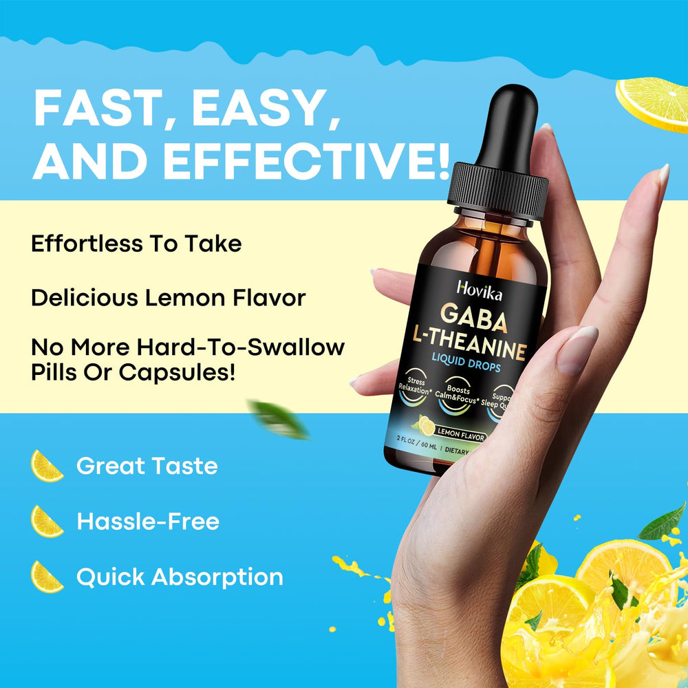 Hovika GABA L-Theanine Drops packaging shows vegan and non GMO features