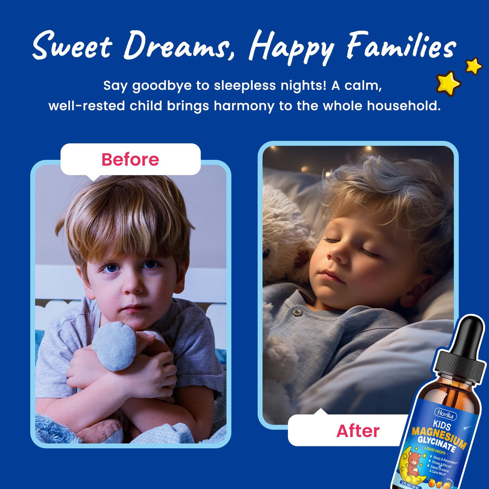 Hovika Kids Magnesium Drops label highlights L-Theanine and Vitamin D3
