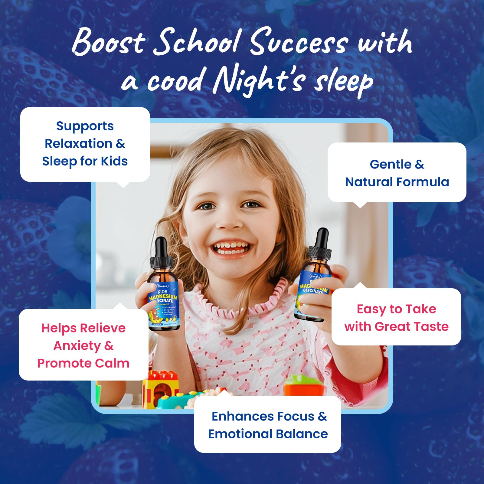 Hovika Kids Magnesium Drops lemon bottle back highlights ingredients for immune support.