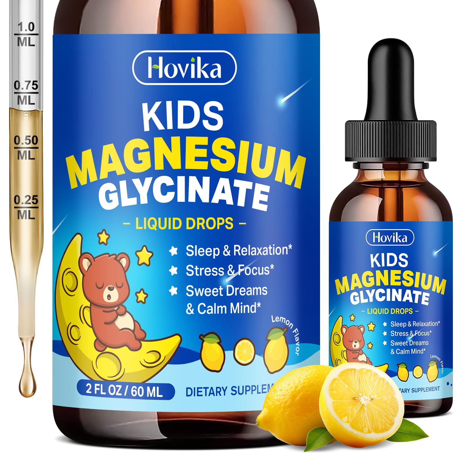Hovika Kids Magnesium Drops lemon bottle ready for calm sleep.