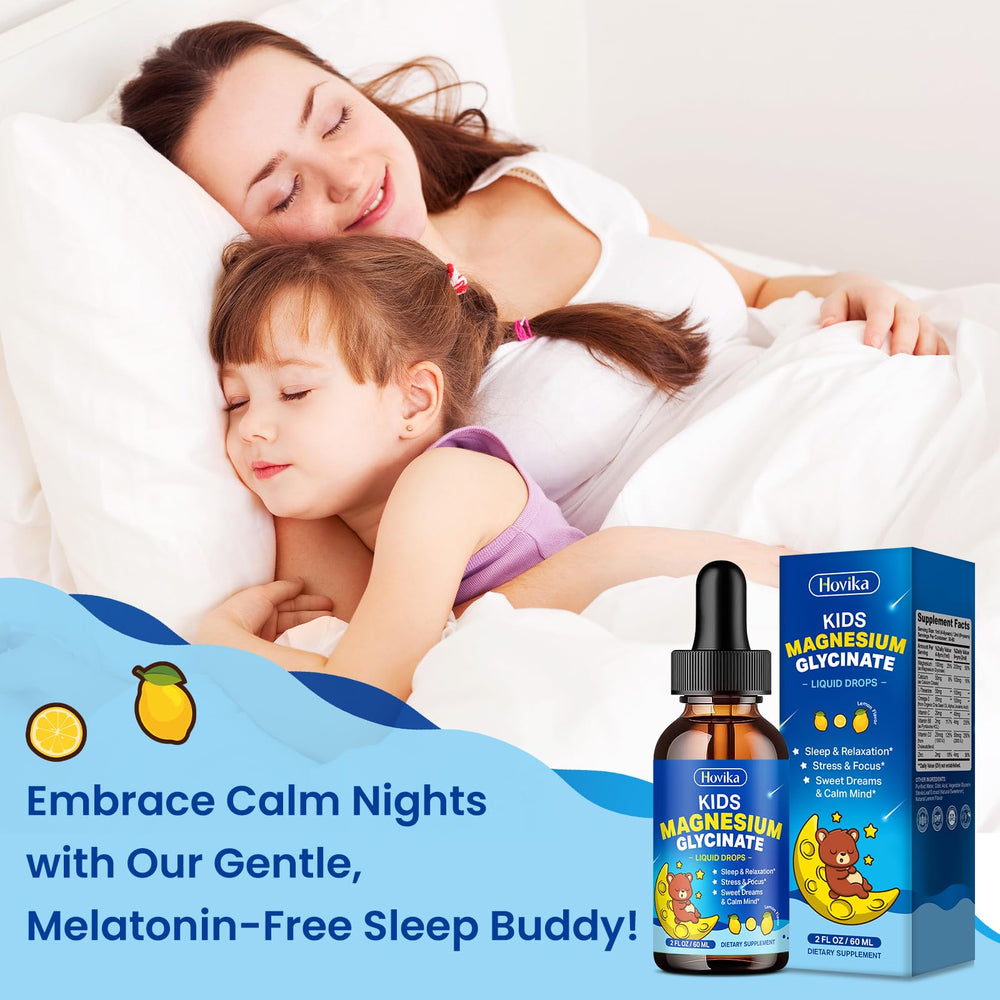 Hovika Kids Magnesium Drops lemon usage scene shows direct serving into cup.