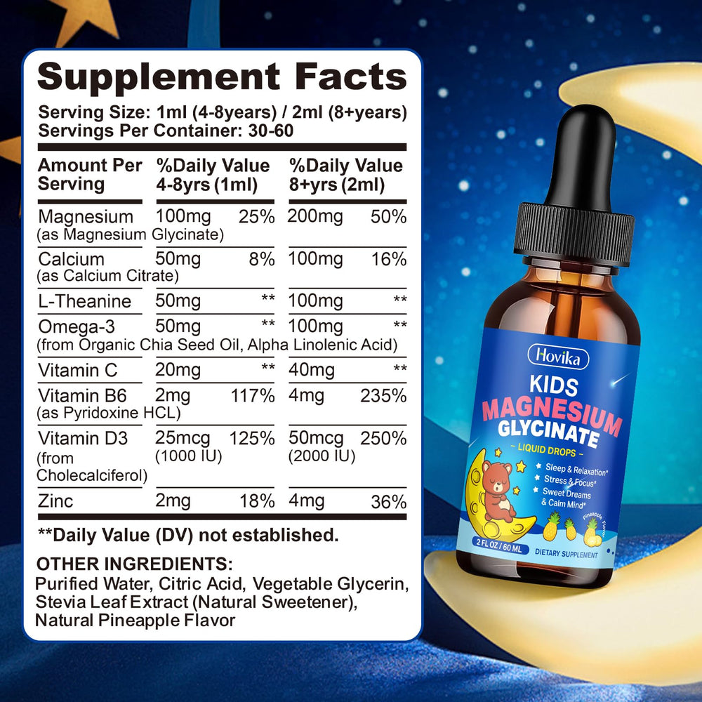 Hovika Kids magnesium liquid pour ready for bedtime relaxation.
