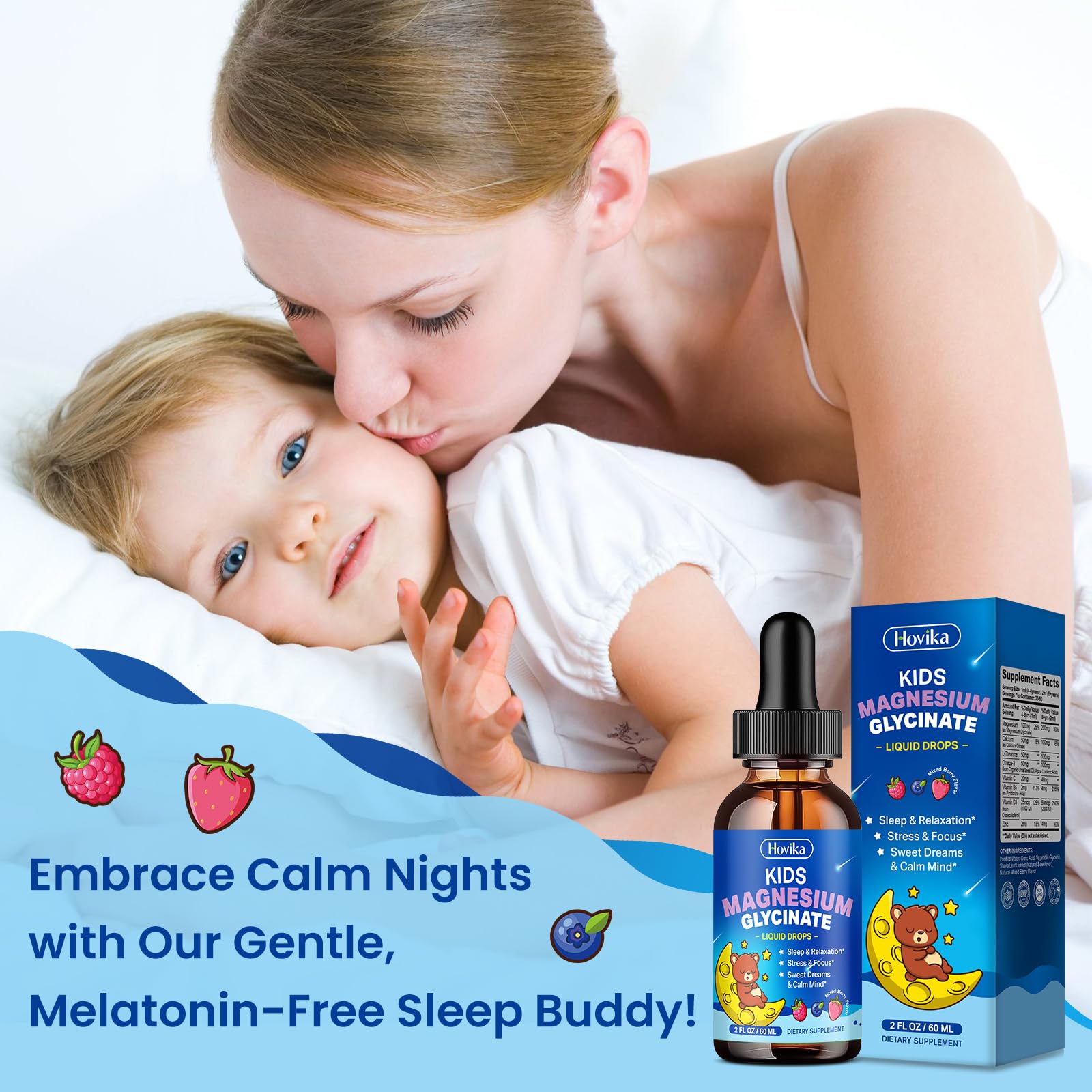 Kid-friendly nighttime setup with Hovika drops on bedside table