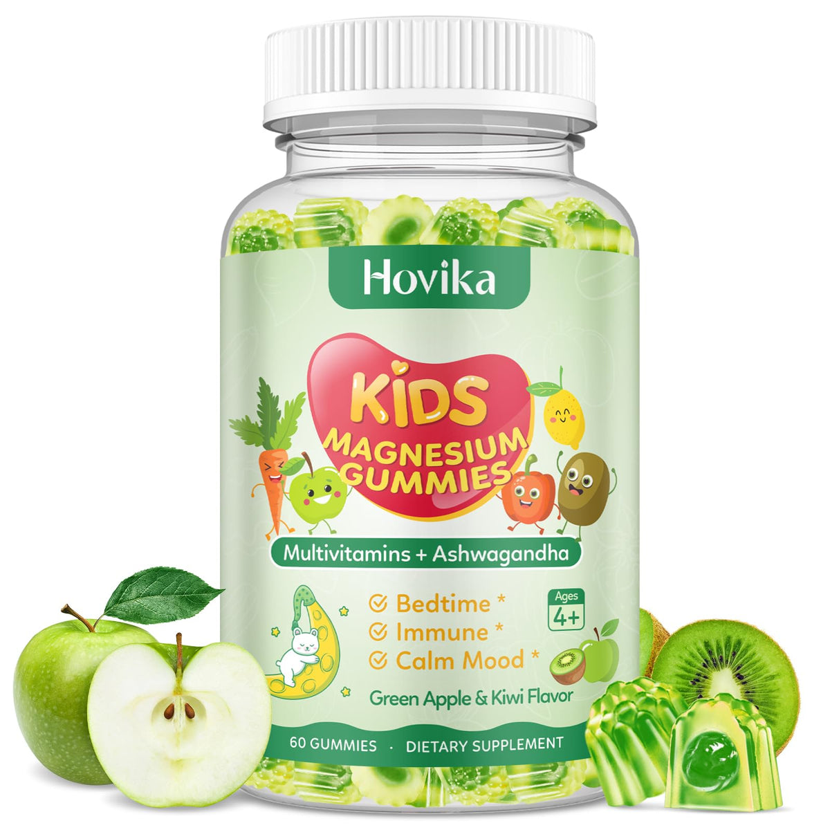 Hovika magnesium gummies for kids on the bottle label, easy nightly calm.