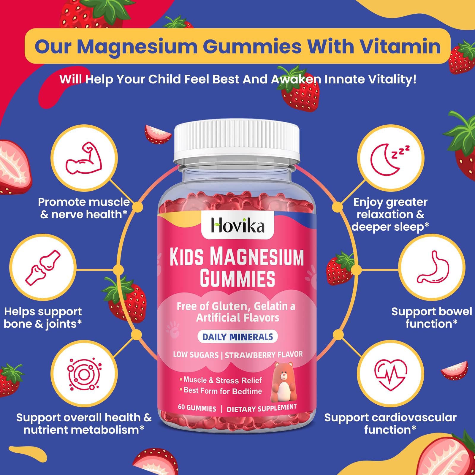 Hovika magnesium gummies bottle displayed on a desk with family-friendly appeal.