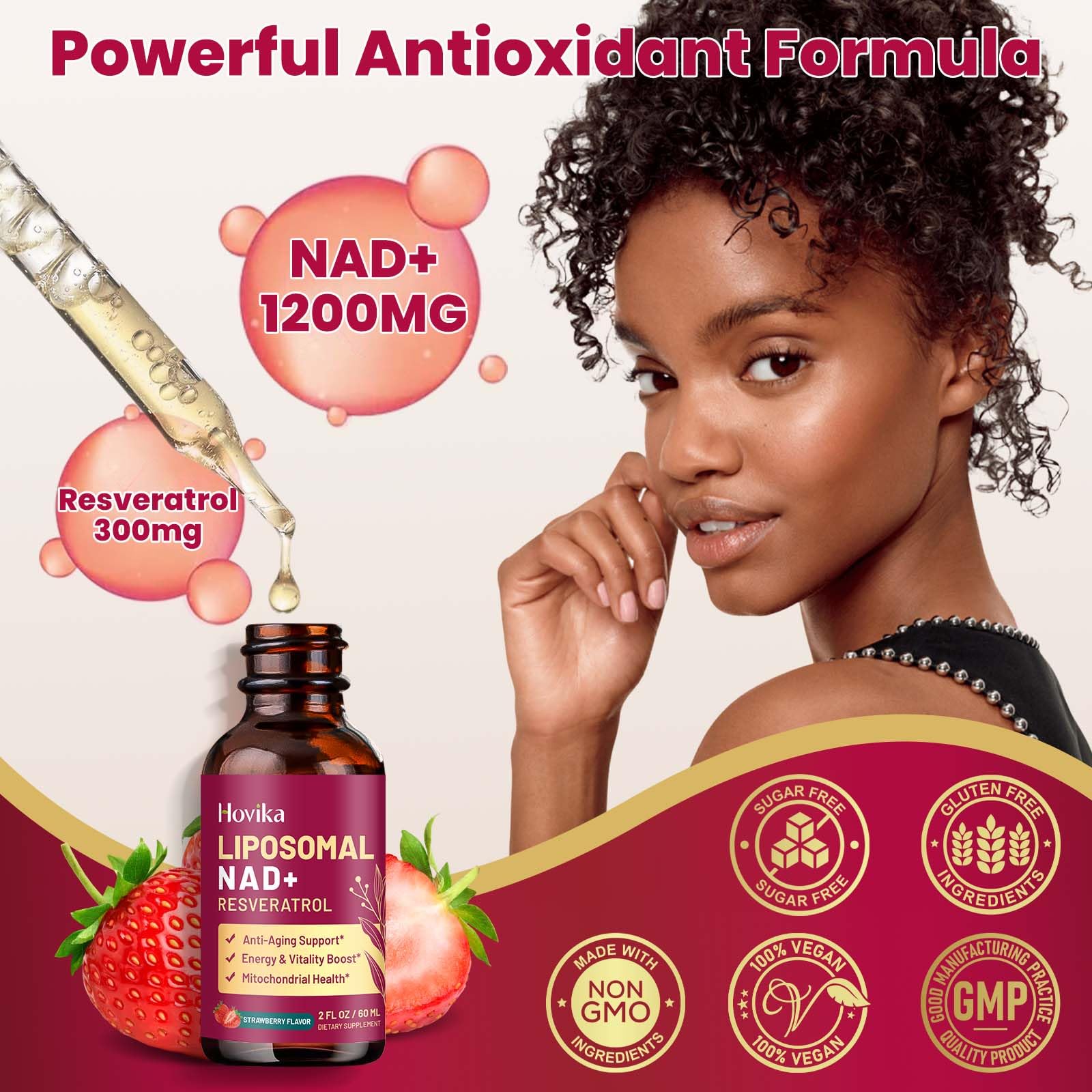 Hovika vegan non-GMO NAD supplement packaging highlights clean formula.