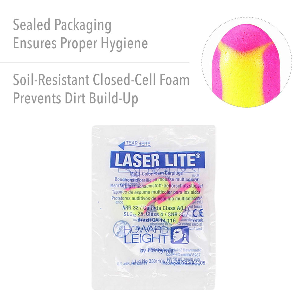 Howard Leight Laser Lite closed-cell foam skin resists dirt for better hygiene.