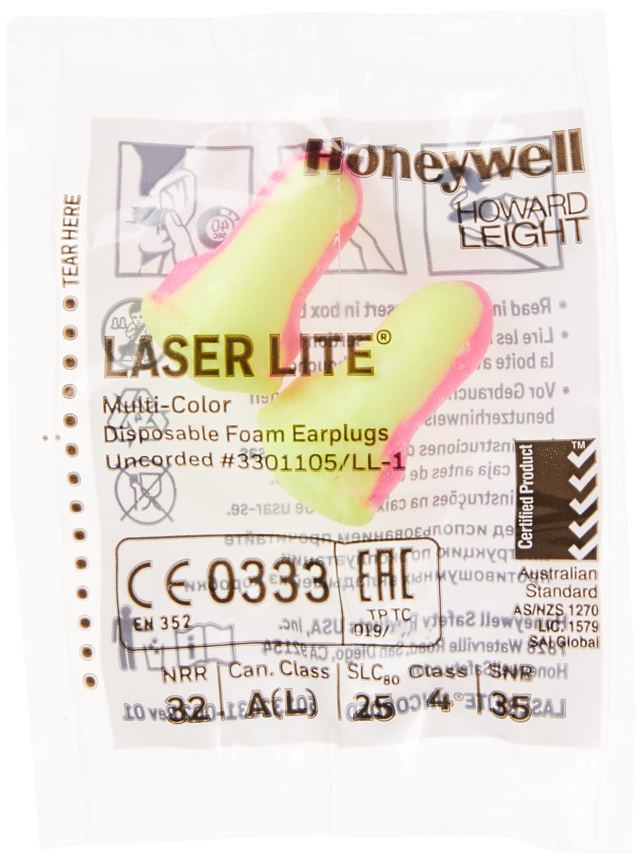 Howard Leight Laser Lite earplugs contoured T-shape for easy insertion.