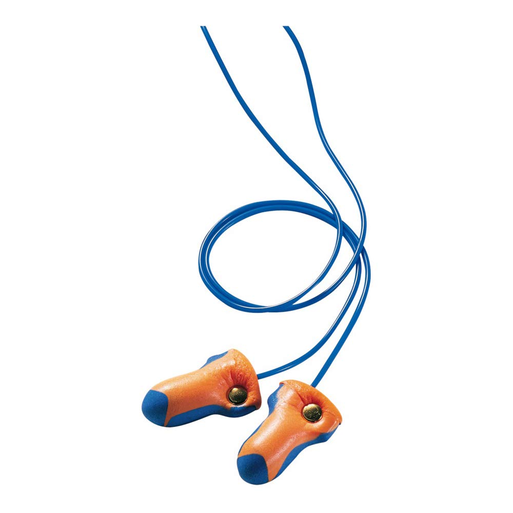Howard Leight LT-30 earplugs with corded design in orange and blue for quick visibility.