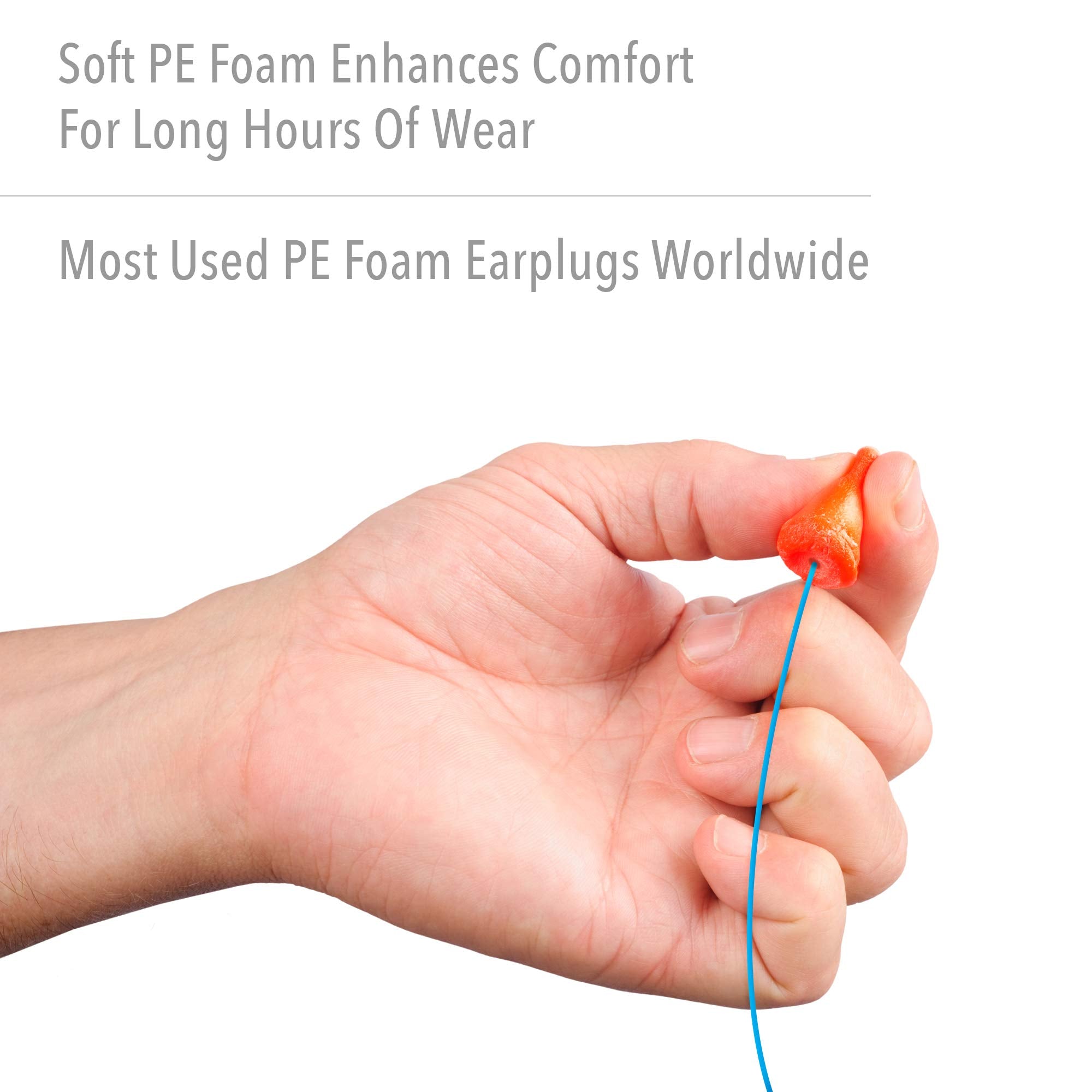 Howard Leight MAX corded earplugs hanging around the neck when not in use.