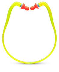 Howard Leight Quiet Band earplugs resting around the neck for quick access in noisy work