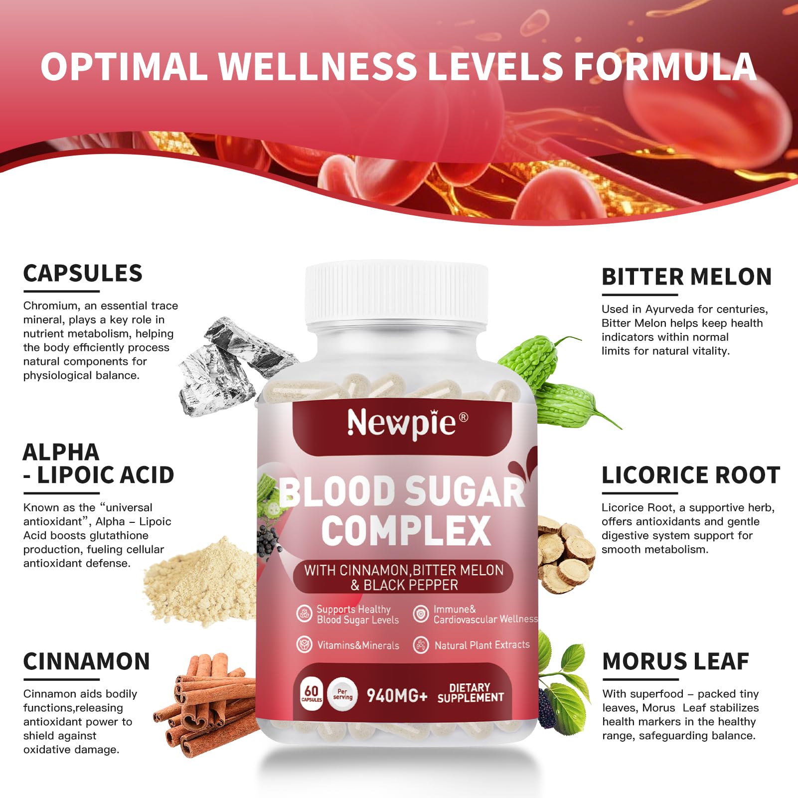 HOWEEJET Blood Sugar Complex glass with pills suggests easy supplementation routine.