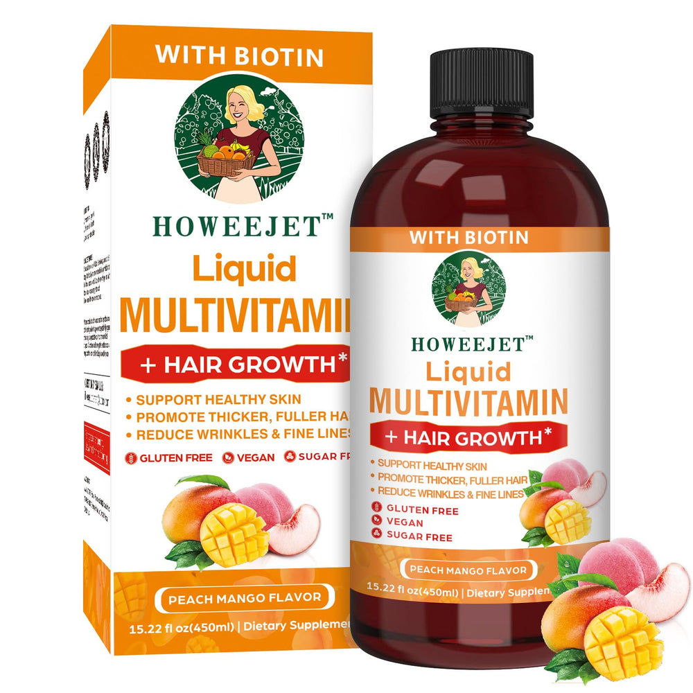 HOWEEJET Liquid Multivitamin bottle highlights hair health support.