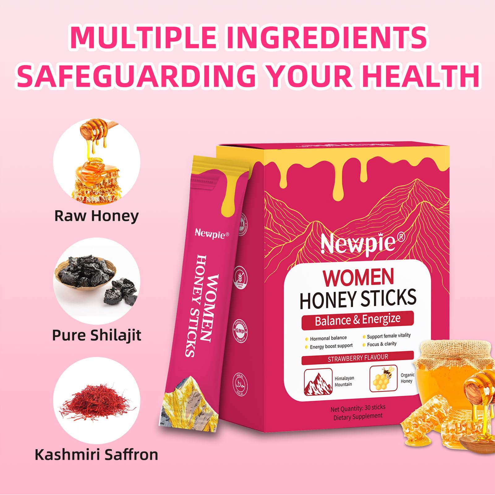 HOWEEJET Shilajit Honey Stick strawberry label emphasizes flavor and daily vitality