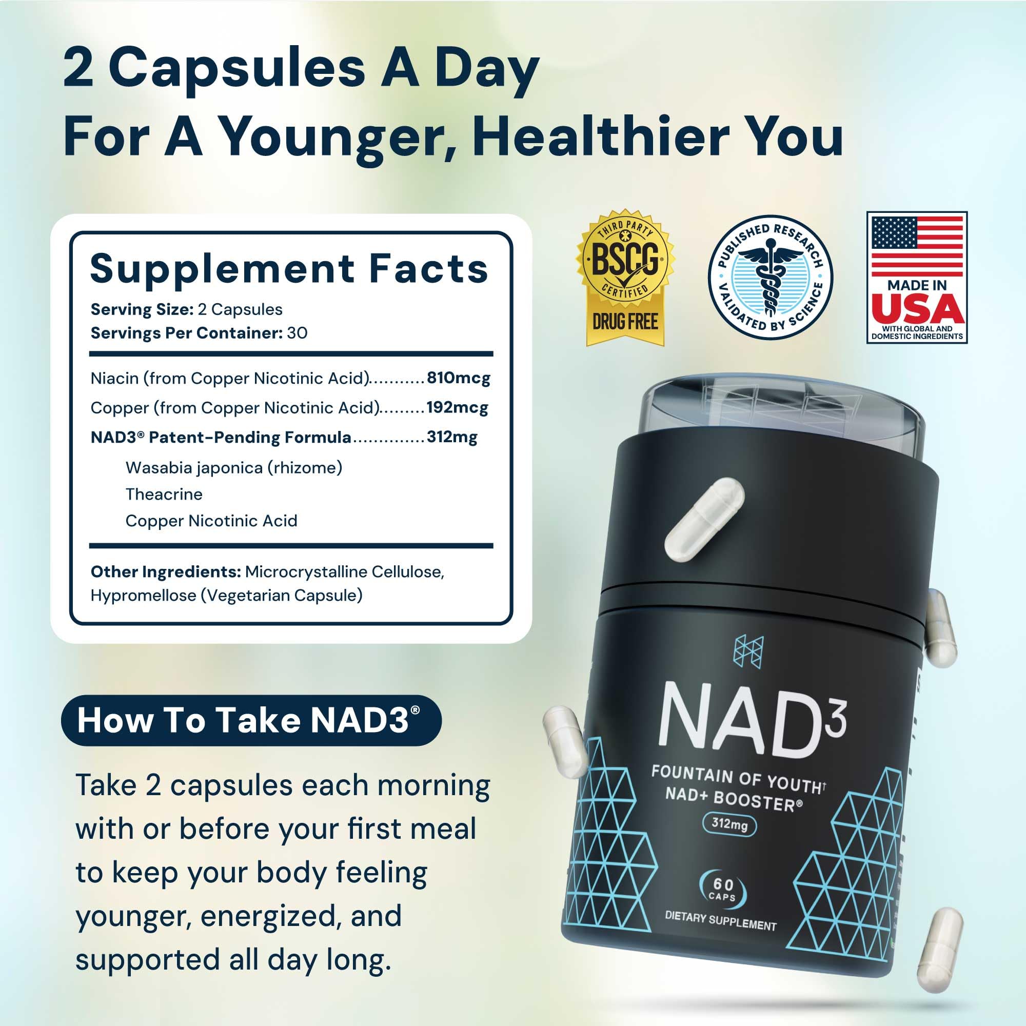HPN NAD3 capsules closeup highlighting an easy-to-swallow NR NMN blend.
