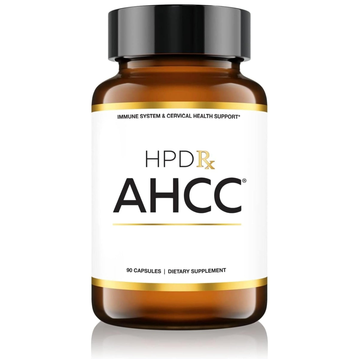 HPD Rx Premium AHCC shiitake bottle showing 1100 mg dose for immune support