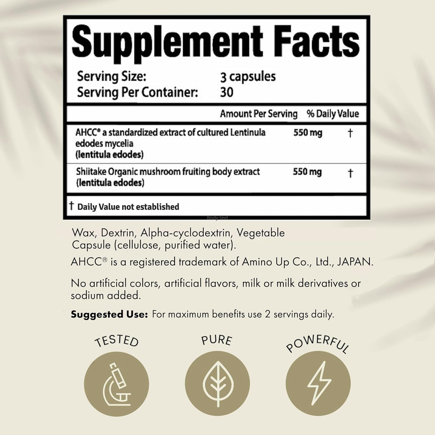 HPD Rx Premium AHCC label close-up emphasizes quality and GMP adherence