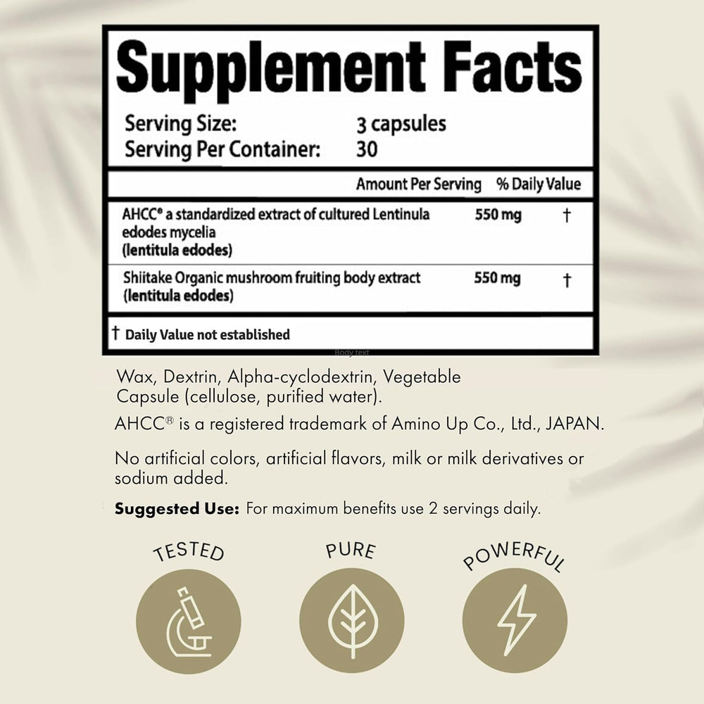 HPD Rx Premium AHCC label close-up emphasizes quality and GMP adherence