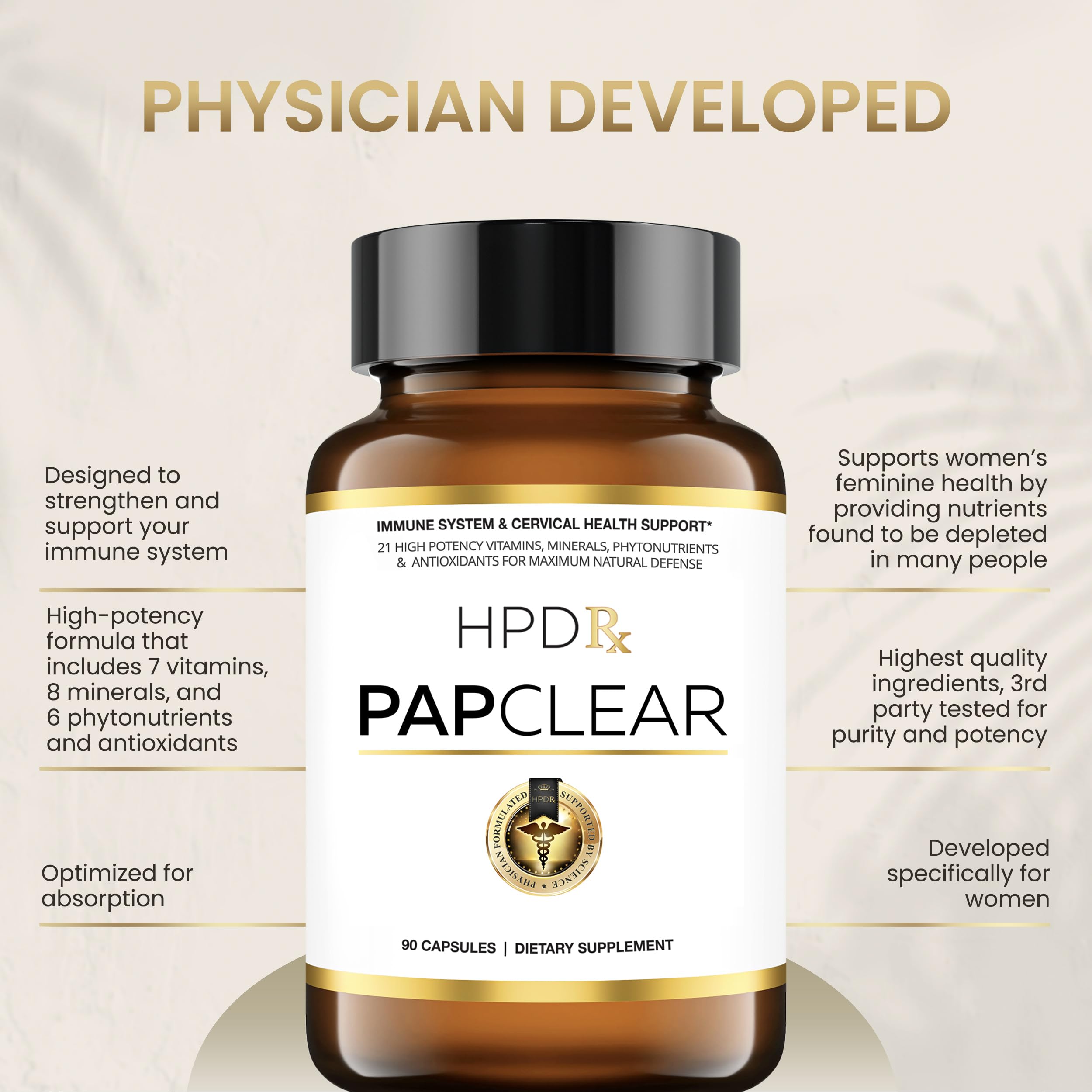 HPD Rx PAPCLEAR bottle back listing 21 nutrients for balanced daily immune support.
