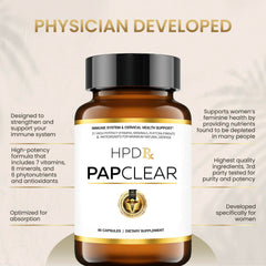 HPD Rx PAPCLEAR bottle back listing 21 nutrients for balanced daily immune support.
