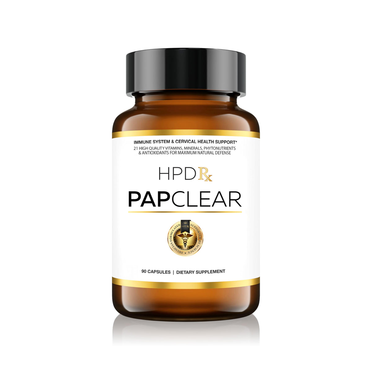 HPD Rx PAPCLEAR bottle front promoting high-potency daily immune support.