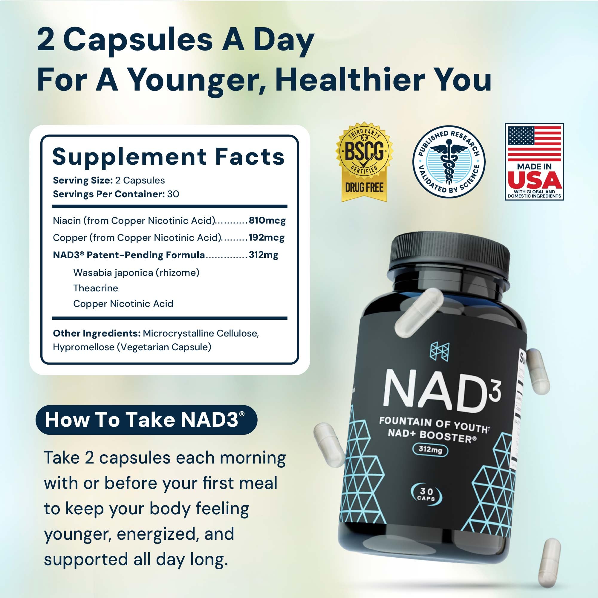 HPN NAD3 capsules closeup, easy-to-take NR alternative for cellular health.