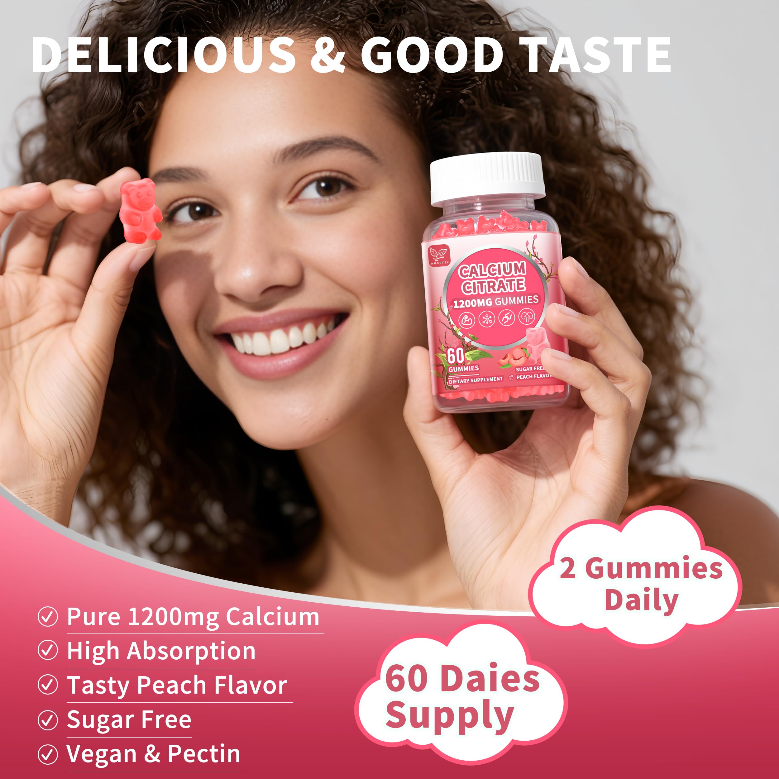 Hudetex bottle and gummies together illustrating reliable bone support for daily activity.
