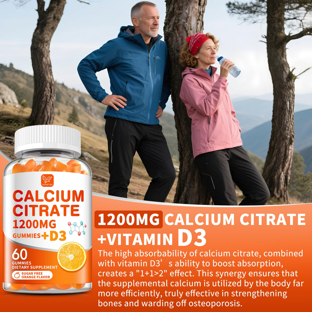 Hudetex 1200mg calcium citrate with vitamin D3 shown for bone health.