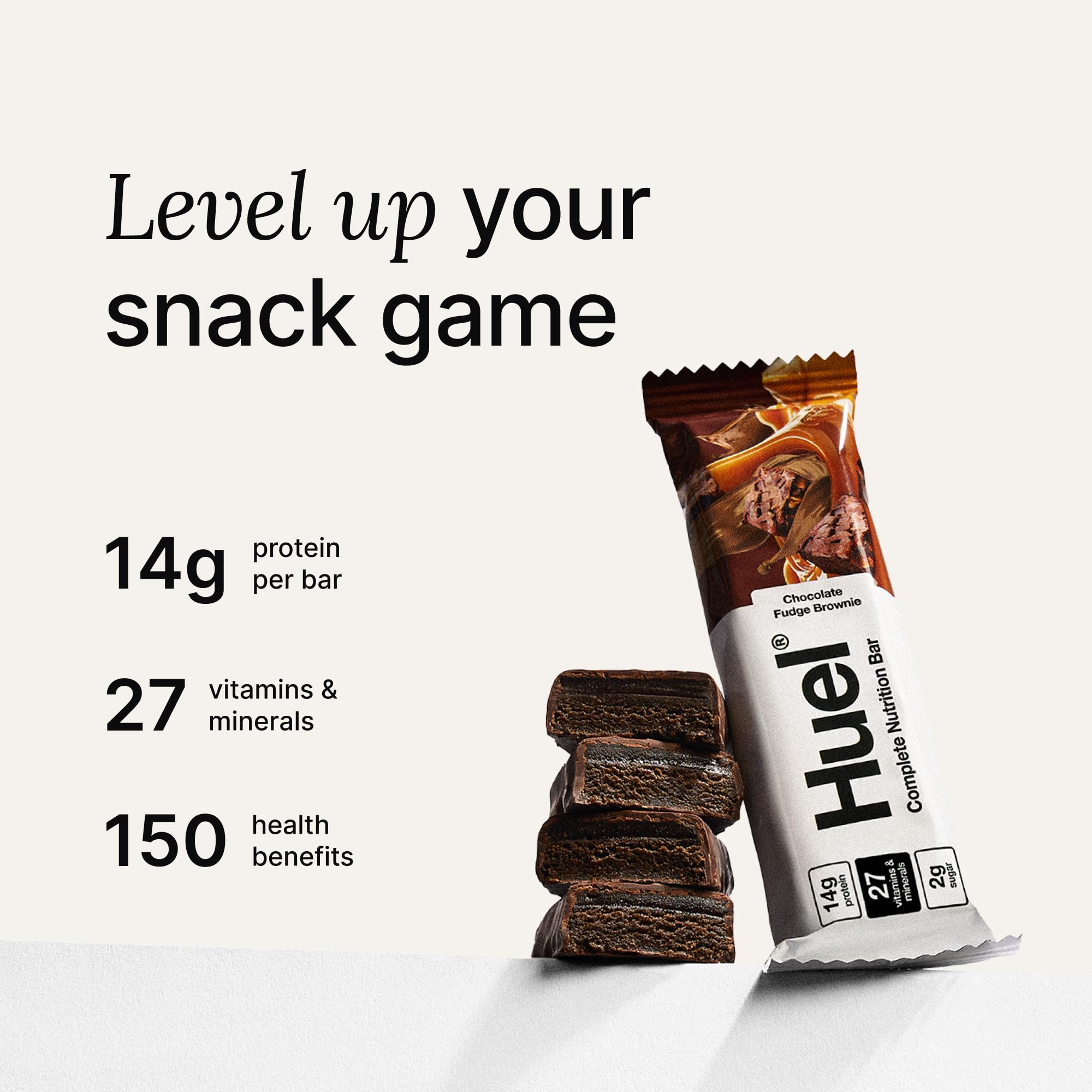 Huel bar showing 13g protein for active days.