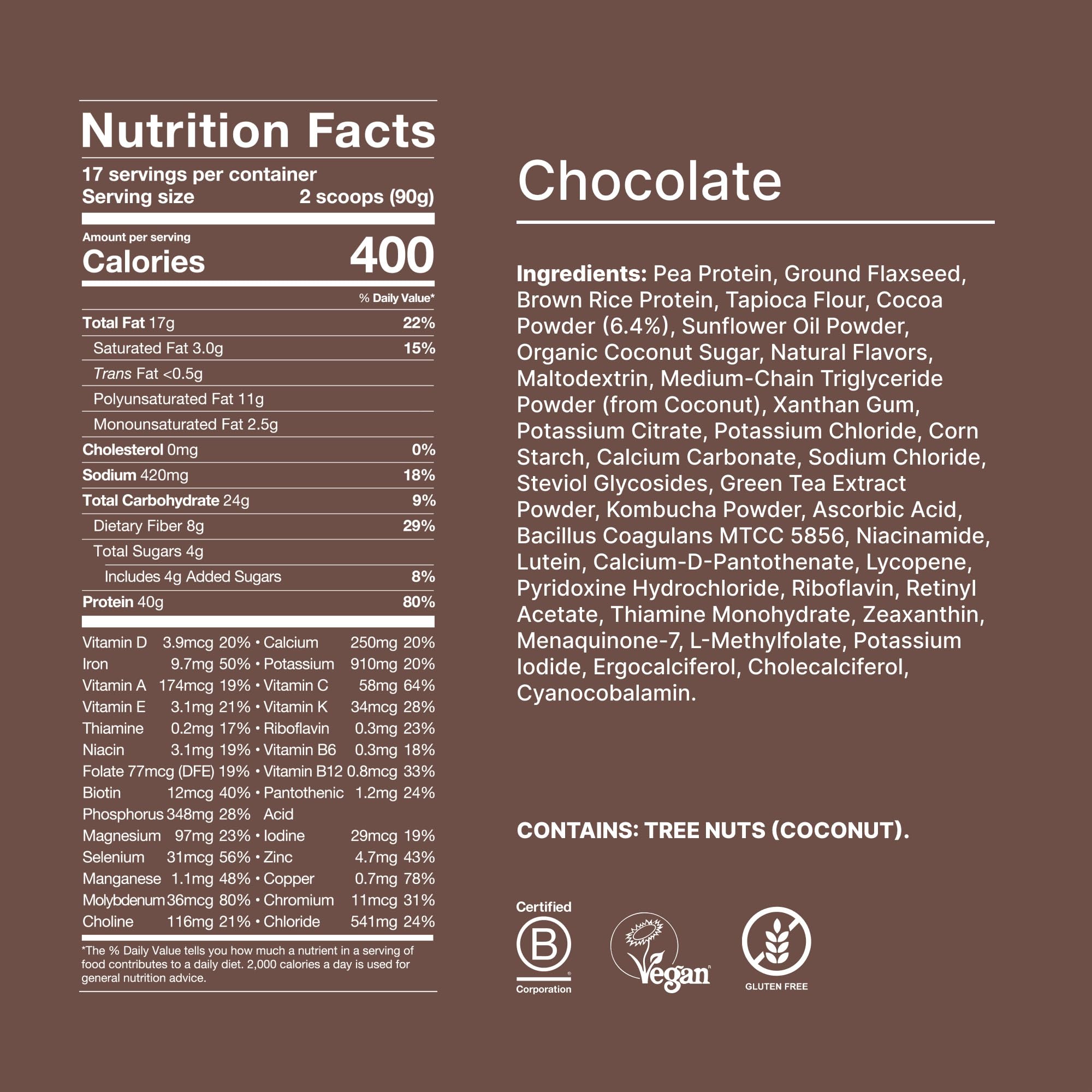 Huel Black Edition chocolate 40g powder scoop beside the label, plant-based protein.