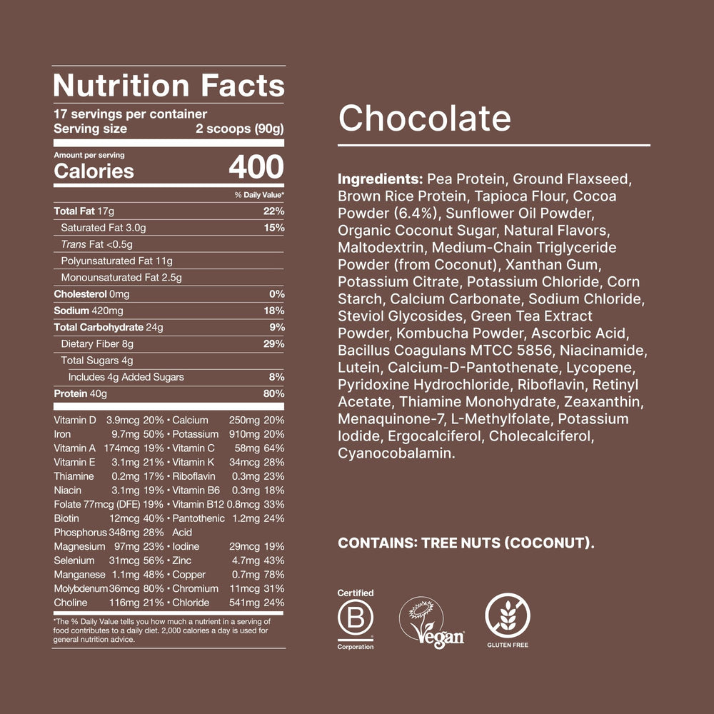 Huel Black Edition chocolate 40g powder scoop beside the label, plant-based protein.