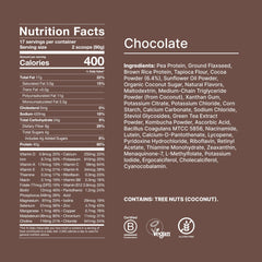 Huel Black Edition chocolate 40g powder scoop beside the label, plant-based protein.