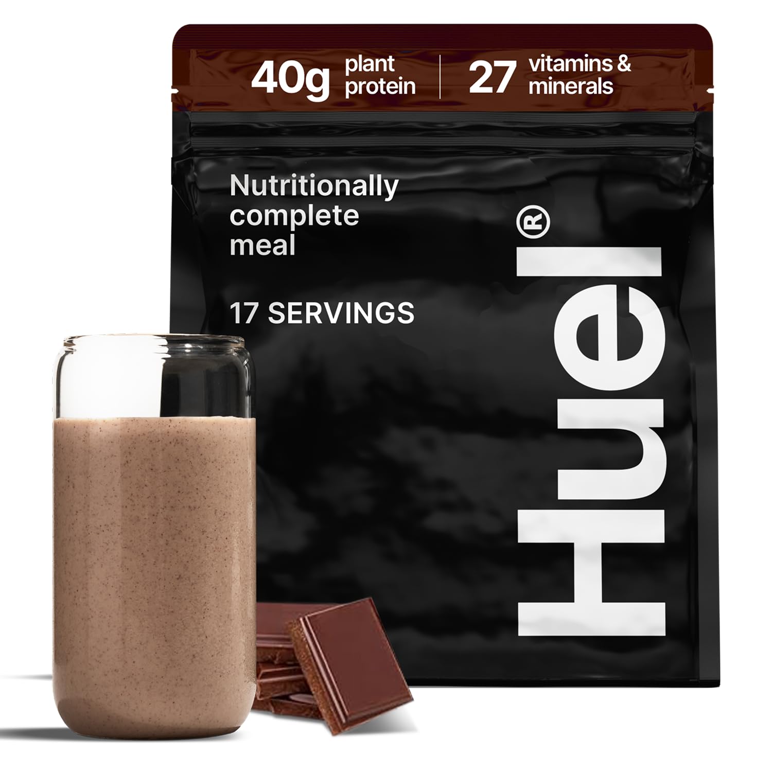 Huel Black Edition chocolate 40g powder tub for quick high-protein vegan meals.