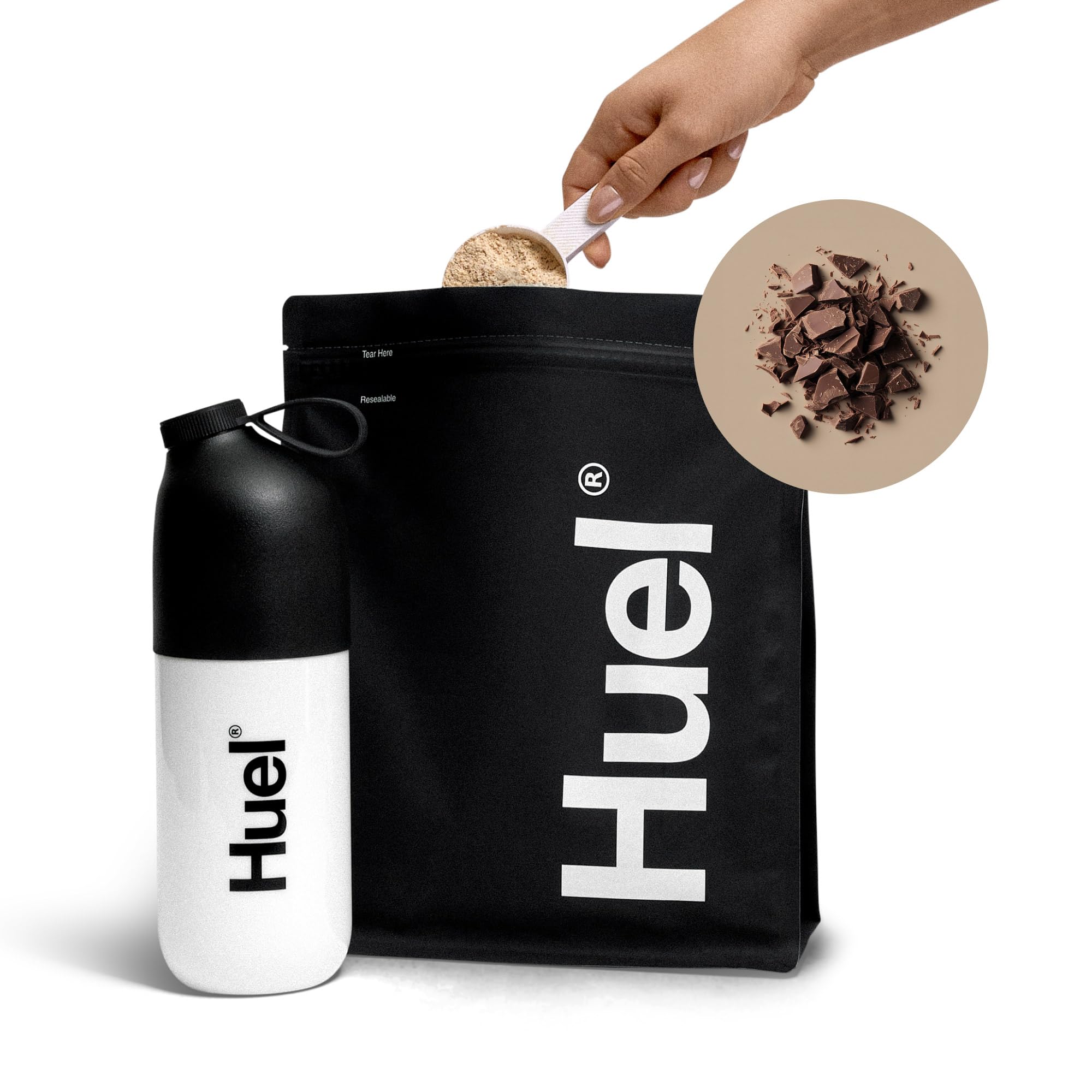 Huel Black Edition chocolate 40g travel-friendly packaging and tub.