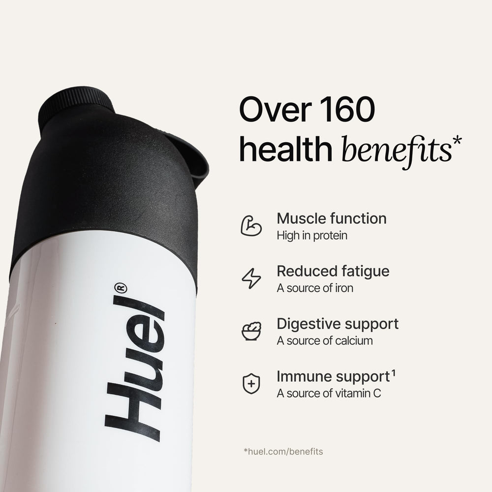 Huel Black Edition nutrition facts label highlights the protein and vitamins included.