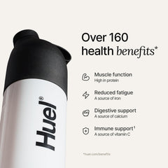 Huel Black Edition nutrition facts label highlights the protein and vitamins included.