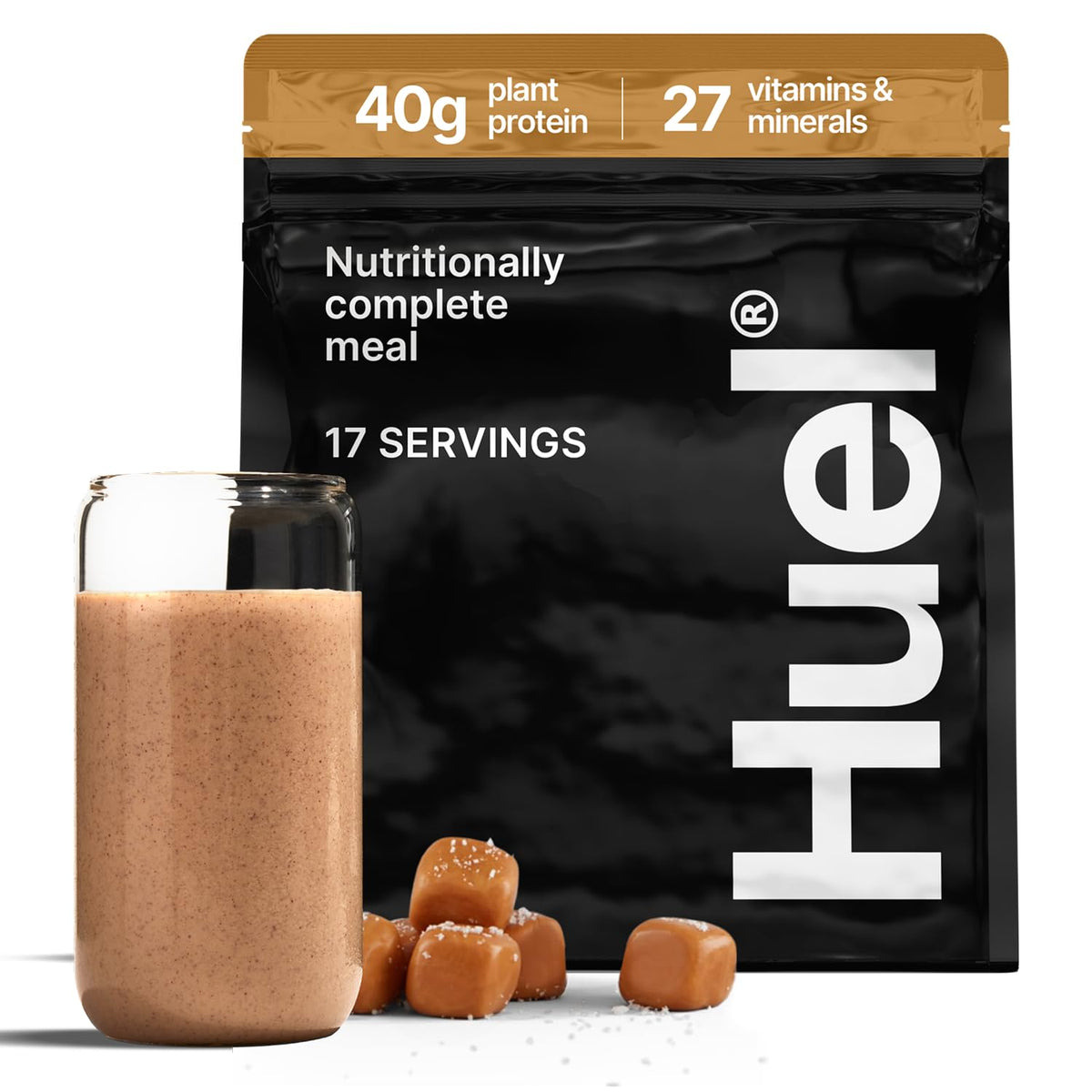 Huel Black Edition Salted Caramel tub front view, 40g vegan protein per serving.
