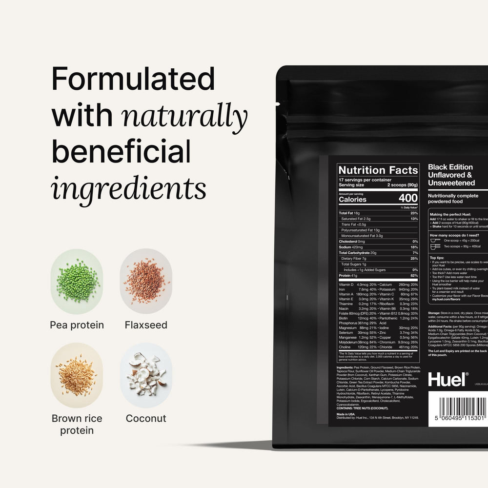 Huel Black Edition Salted Caramel tub label highlights gluten-free vegan formula.