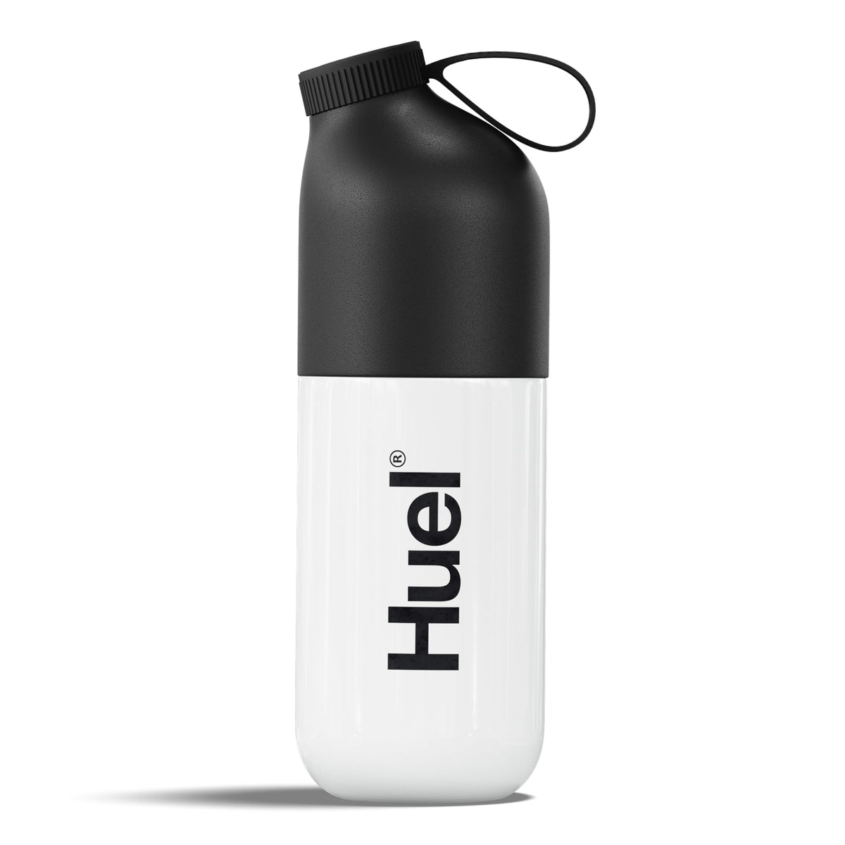 Huel Black Edition shaker bottle lid with secure lock for spill-free transport.