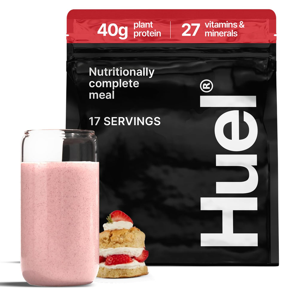 Huel Black Edition Strawberry Shortcake bottle shows a convenient high-protein meal on the go