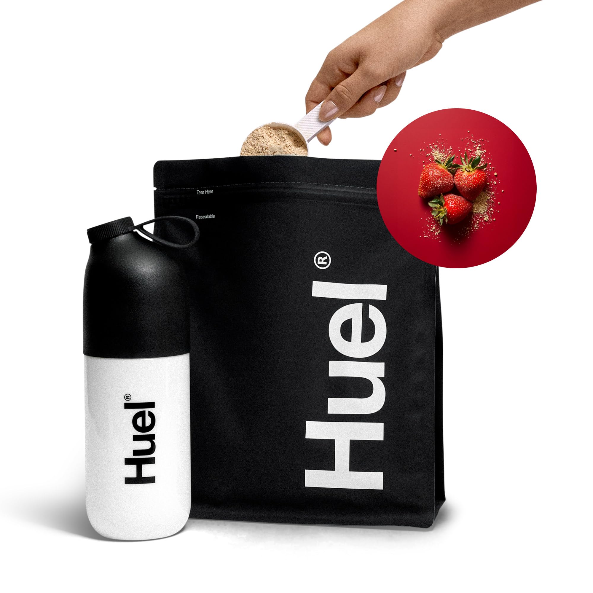 Huel Black Edition serving bowl suggests ready-to-drink or blend meal options