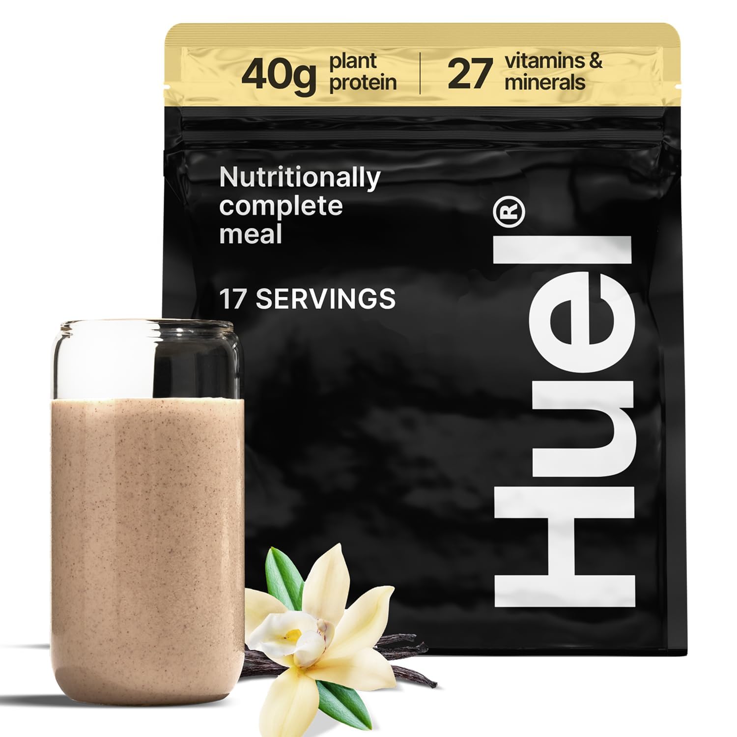Huel Black Edition vanilla bottle showing 40g protein for a complete vegan meal.