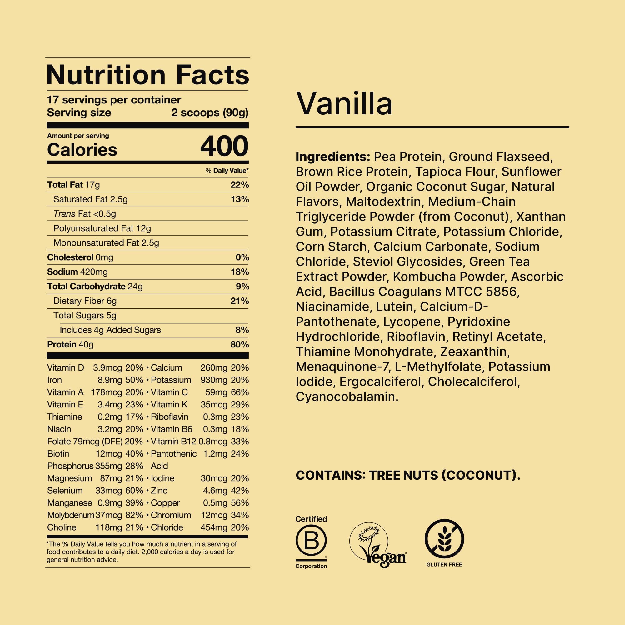 Huel Black Edition vanilla ingredients graphic highlighting 40g protein and 27 vitamins.