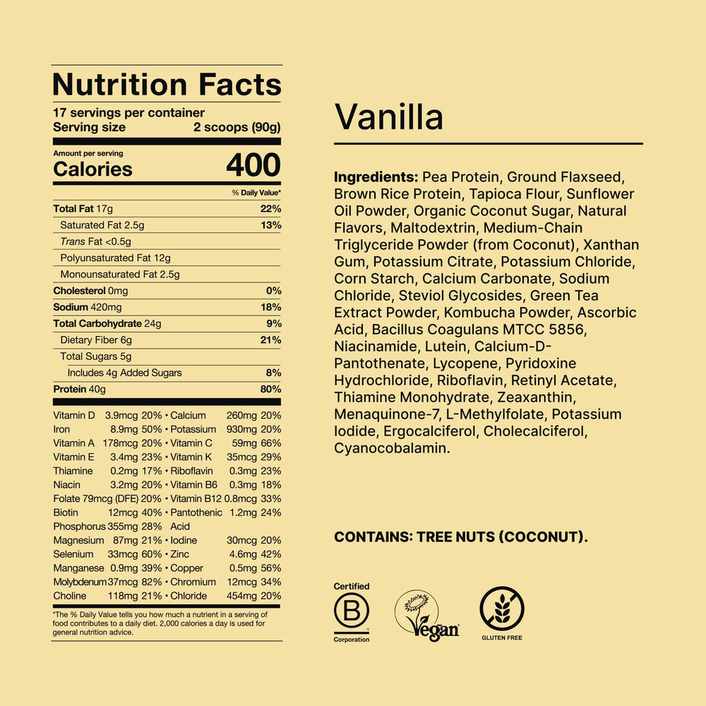 Huel Black Edition vanilla ingredients graphic highlighting 40g protein and 27 vitamins.