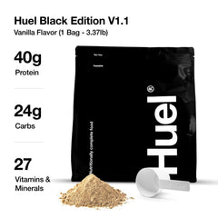 Close-up of Huel Black Edition Vanilla label highlighting key nutrients.