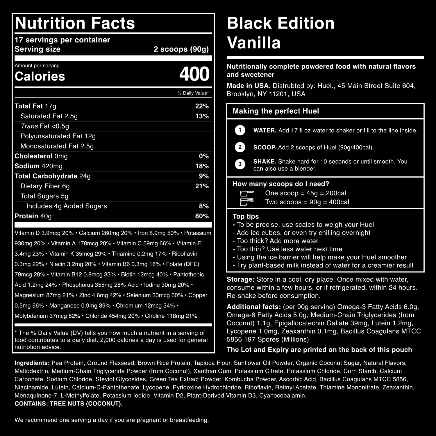 Smooth vanilla shake in a glass showing convenient nutrition from Huel Black Edition Vanilla.