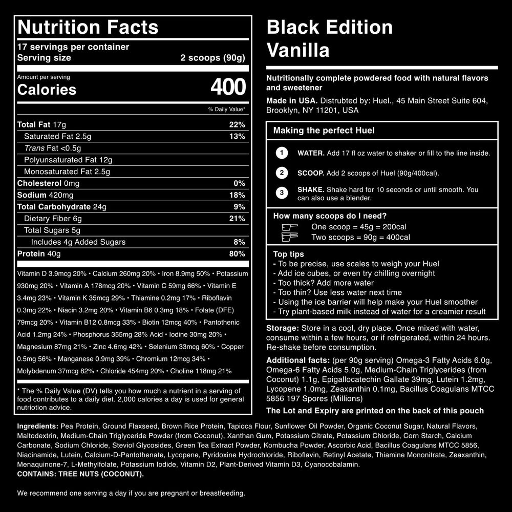 Smooth vanilla shake in a glass showing convenient nutrition from Huel Black Edition Vanilla.